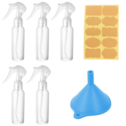 5 Pcs 100ML Bote Spray Pulverizador Spray Bottles, Pequeño Atomizador Botellas de Vacio Pulverizadoras Transparente para Cabello Viajes Limpieza Jardinería Plantas,con 1 Hoja aAhesiva, 1 Embudo