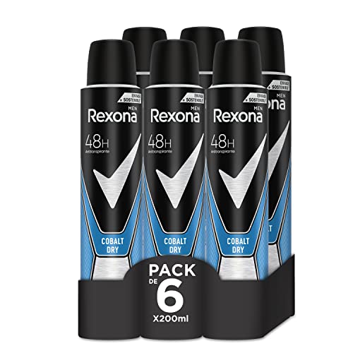 Rexona Desodorante Aerosol Antitranspirante para hombre Cobalt Dry 200ml - Pack de 6, El embalaje puede variar