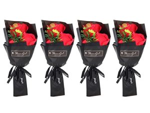 4 PCS Bouquet de flores de jabón de rosa exquisito, día de San Valentín romántico, jabón artificial de pétalos de rosa para la decoración de la oficina.