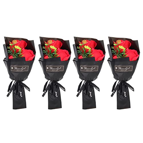 4 PCS Bouquet de flores de jabón de rosa exquisito, día de San Valentín romántico, jabón artificial de pétalos de rosa para la decoración de la oficina.