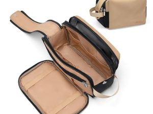 Neceser para Mujer y Hombre, Bolsa de Afeitado Resistente al Agua, Bolsa de Aseo de Viaje de Gran Capacidad, Accesorios de Viaje, Neceser de Maquillaje para Colgar (Caqui&Negro)