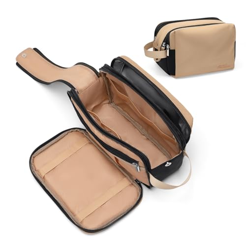 Neceser para Mujer y Hombre, Bolsa de Afeitado Resistente al Agua, Bolsa de Aseo de Viaje de Gran Capacidad, Accesorios de Viaje, Neceser de Maquillaje para Colgar (Caqui&Negro)