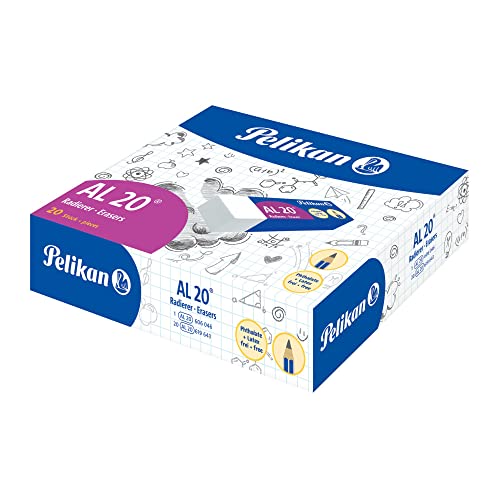 Pelikan Goma de Borrar AL 20 Color Blanco, Adecuada para Dibujo Técnico y Escolar, Goma para Lápiz, Escuela y Oficina, Apto para Niños, Blíster de 20 Piezas, Tamaño 65x21x12mm