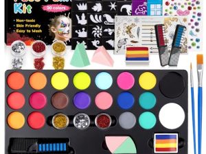 Janolia Pintacaras Infantil, 20 Colores Pinturas Cara para Niños con 2 Pinceles 60 Plantillas, Pintura Cara Niños Hipoalergenica Maquillaje, Kit de Pintura Facial, Face Paint Halloween Fiesta Carnaval