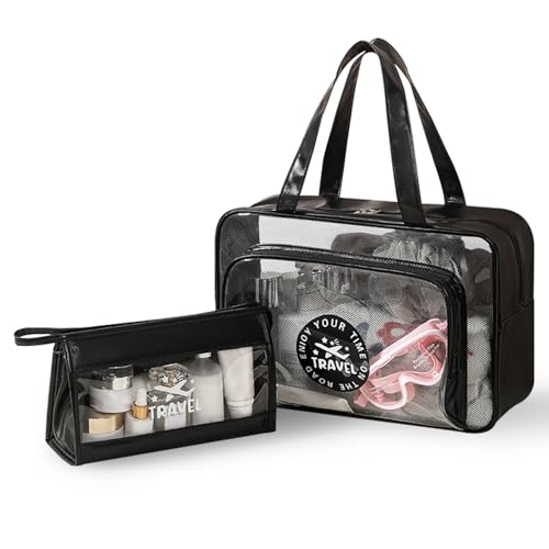 Namenand 2 PCS Neceser de Aseo, Bolsa Transparente Avion, Bolsa de Cosméticos Impermeable con Cremallera, Neceser para Viaje Neceser Hombre Mujer De Aseo Neceser De Viaje Bolsa de Gimnasio - Negro