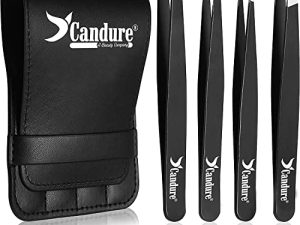 Candure Pinzas Depilar Profesionales – Pinza de Pelo de Acero Inoxidable de Punta para Pelos Faciales, Espinillas y Astillas – Juego de 4 Puntiagudo Inclinado Plano y Punta Inclinada puntiaguda