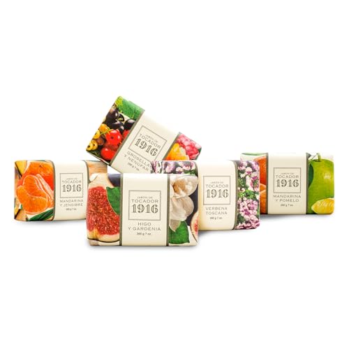 1916 - Pack Jabones 5 x 200 gr, Mandarina, Grosella, Pomelo, Gardenia y Verbena, Jabón Natural, Jabón en Pastilla, Método Tradicional, de Manos y Facial, Flor y Fruta Mediterránea, Fragancia Deliciosa