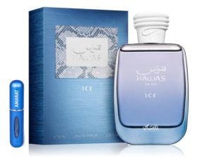 Perfume Hawas For Him Ice Eau De Parfum 100ml, Perfume Árabe para Hombre de Larga Duración con Atomizador Recargable, Fragancia Cítrica Amaderada con Notas de Manzana, Bergamota y Ámbar (For Him Ice)