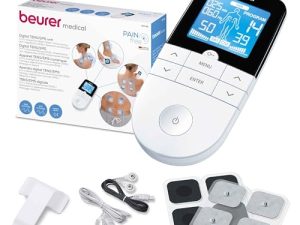 Beurer EM 49 TENS/EMS digital, dispositivo de corriente de estimulación 3 en 1 para el alivio del dolor y entrenamiento, función de masaje, incluye 4 electrodos, Color Blanco