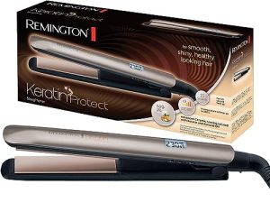 Remington Plancha de Pelo Keratin Protect, Queratina y Aceite Almendras, Placas Flotantes Extralargas, Resultados Profesionales, Cerámica, 9 Temperaturas hasta 230°C, Digital, Color Marrón, S8540