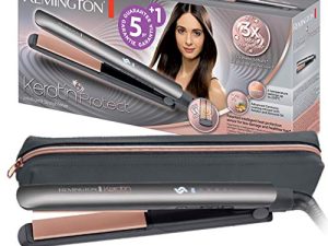 Remington Plancha Pelo 150-230 °C, sensor inteligente de protección contra el calor Keratin Protect 5 ajustes, calentamiento rápido, cerámica con queratina y aceite de almendras S8598