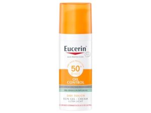 Eucerin Sun Gel Crema Oil Control Dry Touch FPS 50+ (50 ml), protección solar facial 50+ con filtros UVA/UVB, crema solar para piel grasa y propensa al acné, crema de sol con textura ultraligera