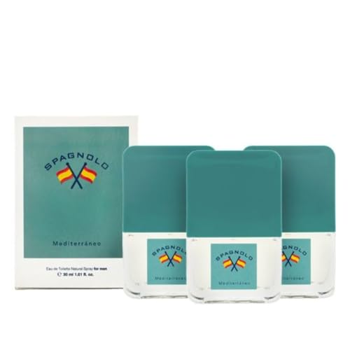 SPAGNOLO - Mediterráneo Pack de 3 x 30 ml, Colonia Hombre, Formato Viaje en Spray, Perfume Hombre, Eau de Toilette Natural y Masculina, Aroma Amaderado Aromático, Fragancia Fresca y Enérgica