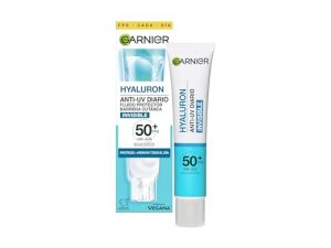 Garnier SkinActive Hyaluron Anti-UV Diario Fluido Protector de Barrera Cutánea Invisible con [Ácido hialurónico + Glicerina]. Protege e hidrata todo el día. FPS 50+. Apto para pieles sensibles. 40 ml.