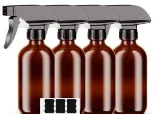 HOTUT Botella de spray de vidrio ámbar, 4 piezas botella de spray de vidrio de 240 ml, botella de spray de vidrio marrón, kit de configuración de flujo de niebla con bomba negra