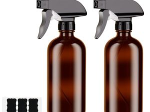 HOTUT Botella de spray de vidrio ámbar, botella de spray de vidrio de 500 ml 2 piezas, botella de spray de vidrio marrón, juego de ajustes de flujo de niebla con bomba negra