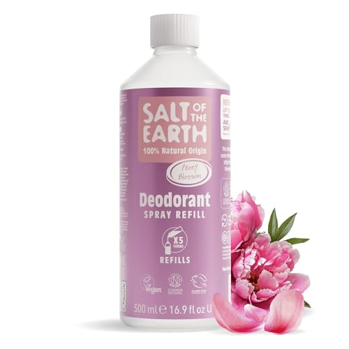 Recambio de desodorante natural en spray Salt of the Earth - Flor de peonía - Vegano, aprobado por Leaping Bunny, fabricado en el Reino Unido - 500ml