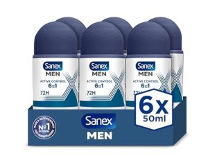 Sanex Men Active Control Desodorante Roll-On para Hombre, Pack 6 Uds x 50 ml, Protección 48H, Antitranspirante, Anti Irritación, 0% Alcohol, Combate el Mal Olor, Larga Duración