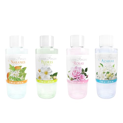 AGUA FRESCA DE RUY - Colonias Unisex Agua Fresca de Naranjos + Azahar + Rosas + Flores Blancas, Pack de 4 x 50 ml, Eau de Toilette Masculina y Femenina, Fragancia Suave de Larga Duración