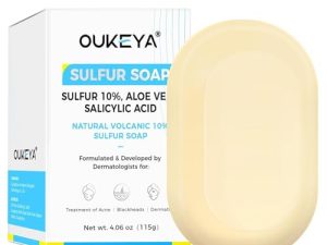 OUKEYA 10% Jabon De Azufre, Jabon Leche De Cabra, Ácido Salicílico, Aceite de Árbol de Té, Aloe Vera, Antibacteriano, Calmante, Limpieza Profunda, Reparación de la Barrera Cutánea, 115g