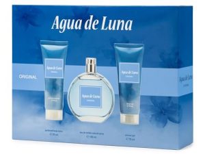 AGUA DE LUNA – Original Colonia 100 ml + Gel de Baño 75 ml + Loción Corporal 75 ml, Estuche de Regalo Mujer, Eau de Toilette Natural y Femenina, Aroma Floral, Fragancia Fresca y de Larga Duración