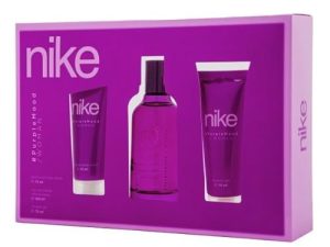 NIKE – Purple Mood Colonia 100 ml + Gel de Baño 75 ml + Crema Corporal 75 ml, Estuche de Regalo Mujer, Eau de Toilette Natural y Femenina, Aroma Floral Gourmand, Fragancia Fresca, Dulce y Duradera