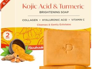 PLANTIFIQUE Jabón de Curcuma y Acido Kojico, 2 Barras con Vitamina C, Ácido Hialurónico y Colágeno – Jabon Cara para las Manchas – Turmeric & Kojic Acid Soap, 160g