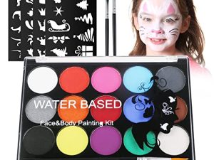 URAQT Pintura Corporal y Facial, 15 Colores Seguridad No Tóxica Pintura Facial, Kit de Pintura Facial con 32 Plantillas 2 Pinceles, Pintura de Cara para Niños Halloween Fiestas Cosplay Semana Santa
