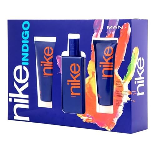 NIKE - Indigo Colonia 100 ml + Gel de Baño 75 ml + After Shave 75 ml, Estuche de Regalo Hombre, Eau de Toilette Natural y Masculina, Aroma Frutal Amaderado, Fragancia Juvenil, Cautivadora y Duradera