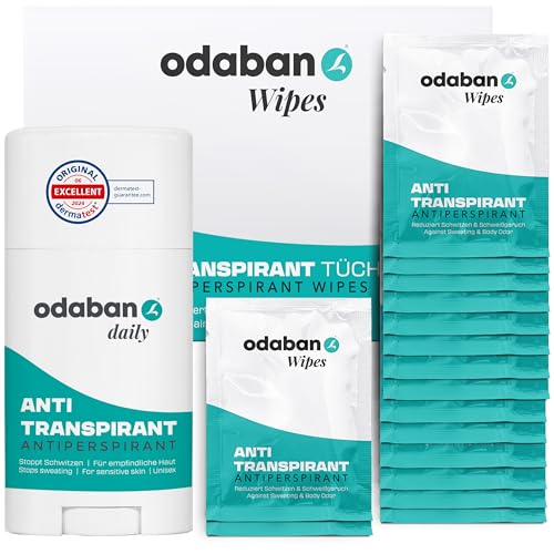 odaban® Set Antitranspirante y Desodorante – Palo + Toallitas | control del sudor y del mal olor en axilas, manos y rostro | toallitas desodorantes monodosis, fragancia suave unisex, uso diario