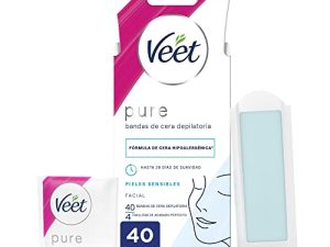 Veet Pure Bandas de Cera Fría Depilatoria para Depilación Facial Adecuado para Labio Superior (Bigote), Fórmula de Cera Hipoalergénica para Pieles Sensibles, 40 Tiras