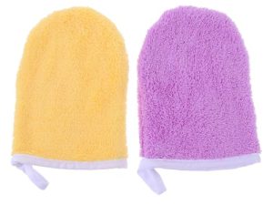 LALADEFIEE Guantes de Limpieza Facial de Fibra Superfina Paños Desmaquillantes Colores Surtidos Amarillo y Morado Tamaño para Viajar Exfoliantes Suaves para Rostro y Contorno de Ojos
