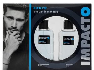 IMPACTO – Azure Agua de Colonia 100 ml + After Shave 100 ml, Estuche de Regalo Hombre, Pack 2 Piezas, Eau de Toilette Natural y Masculina, Aroma Amaderado, Fragancia Fresca, Atrayente y Duradera