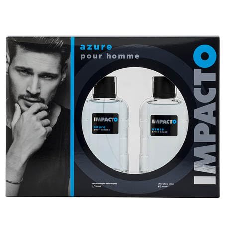 IMPACTO - Azure Agua de Colonia 100 ml + After Shave 100 ml, Estuche de Regalo Hombre, Pack 2 Piezas, Eau de Toilette Natural y Masculina, Aroma Amaderado, Fragancia Fresca, Atrayente y Duradera