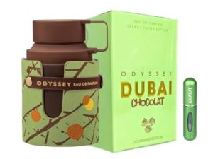 Perfume Odyssey Dubai Chocolat Eau de Parfum 100 ml, Perfume Árabe Unisex de Larga Duración, Incluye Atomizador, Fragancia Gourmand con Notas de Café, Pistacho, Chocolate y Vainilla (Dubai Chocolat)