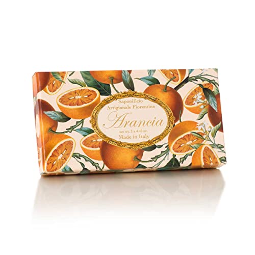 Saponificio Artigianale Fiorentino - Pack regalo de 3 pastillas de jabón rectangulares, con relieve, producción artesanal, con esencia de naranja