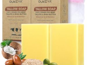 OUKEYA Pack de 2 Jabones Naturales de Sebo 115g, Jabón Hidratante para Rostro y Cuerpo, Enriquecido con Manteca de Karité, Aceite de Coco, Avena, Caléndula y Espino Amarillo,con Red Espumante