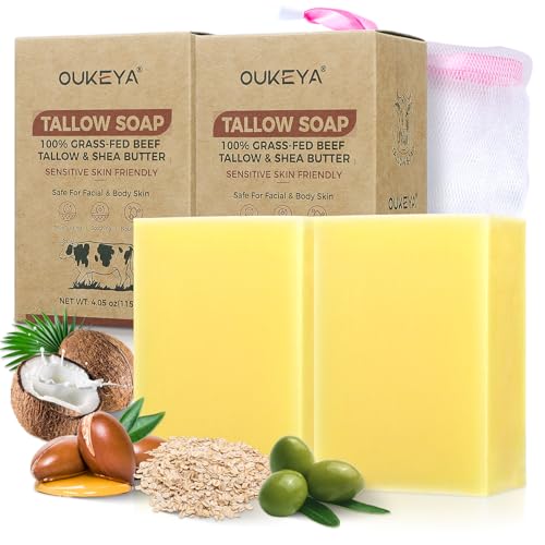 OUKEYA Pack de 2 Jabones Naturales de Sebo 115g, Jabón Hidratante para Rostro y Cuerpo, Enriquecido con Manteca de Karité, Aceite de Coco, Avena, Caléndula y Espino Amarillo,con Red Espumante