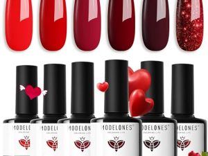 modelones Esmaltes Semipermanentes para Uñas Rojo, 6 Color Rojo Oscuro Glitter Pintauñas Semipermanentes, Soak-Off UV LED Esmaltes Semipermanentes Para Uñas Fácil de DIY Kit Uñas Semipermanentes