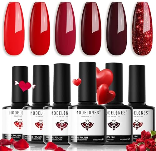 modelones Esmaltes Semipermanentes para Uñas Rojo, 6 Color Rojo Oscuro Glitter Pintauñas Semipermanentes, Soak-Off UV LED Esmaltes Semipermanentes Para Uñas Fácil de DIY Kit Uñas Semipermanentes