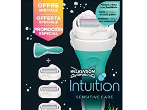 Wilkinson Sword Intuition Sensitive Care – Pack Maquinilla Depilatoria Verde y Enjabonadora Hidratante con Bandas Protectoras de Aloe, Vitamina E y Vitamina B5 + 3 Recambios de Cuchillas Intuition