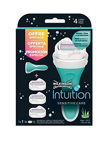 Wilkinson Sword Intuition Sensitive Care - Pack Maquinilla Depilatoria Verde y Enjabonadora Hidratante con Bandas Protectoras de Aloe, Vitamina E y Vitamina B5 + 3 Recambios de Cuchillas Intuition
