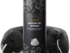 AURAE Esponja Africana Djampe – Esponja Africana Exfoliante para Baño y Ducha – Malla Suave, Duradera y de Secado Rápido, 115cm, por Espalda y Cuerpo para Todo Tipo de Piel – Negra