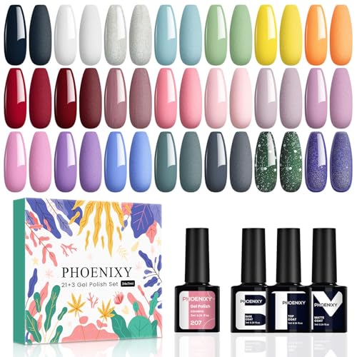 Phoenixy 21 Colores Esmaltes Semipermanentes para Uñas 24pcs U V/LED Pintauñas Semipermanentes Vibrante con Base Top Coat Brillante y Mate Regalos para Mujeres