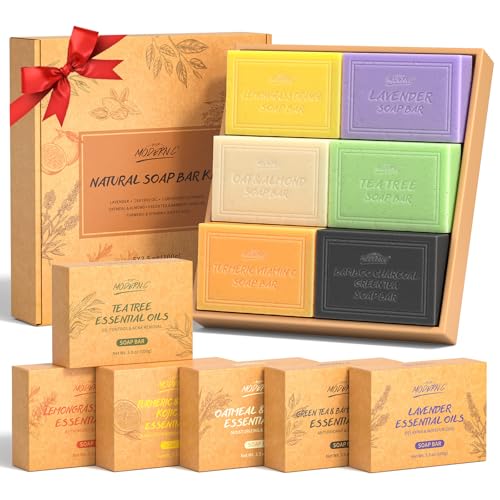 Set de Regalo de Jabón Natural, 6 Piezas de Jabón de Baño, Jabón Orgánico Para Hombres Mujeres, Jabón Para el Rostro y Cuerpo, Lavanda, Cúrcuma, Almendras, Avena, Ácido Kójico, Carbón de Bambú 6x100 g