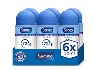 Sanex Dermo+ Extra Control Desodorante Antitranspirante Roll-On 72 Horas 6×50 ml– protección efectiva contra el sudor y el mal olor – dermatológicamente testado– contiene 0% alcohol*