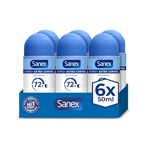 Sanex Dermo+ Extra Control Desodorante Antitranspirante Roll-On 72 Horas 6x50 ml– protección efectiva contra el sudor y el mal olor – dermatológicamente testado– contiene 0% alcohol*